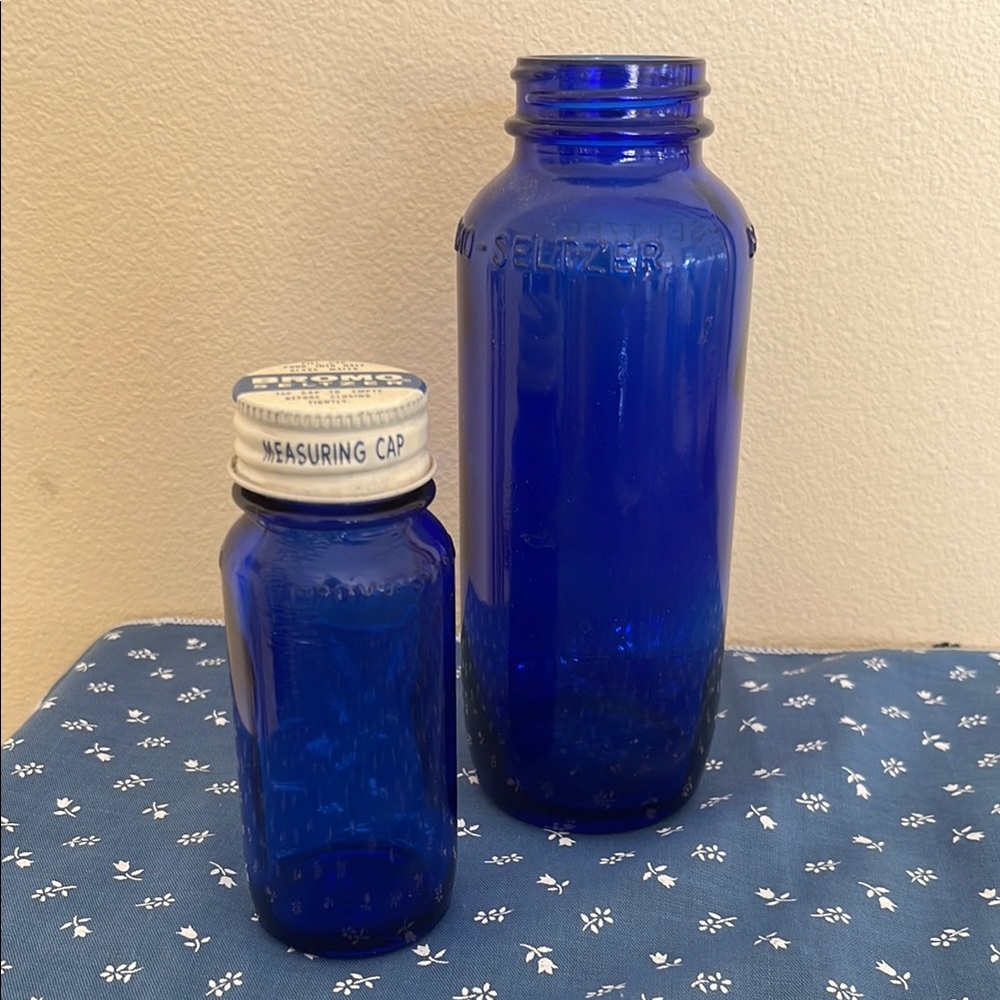 2 Vintage Bromo Seltzer Cobalt Blue Glass Bottles